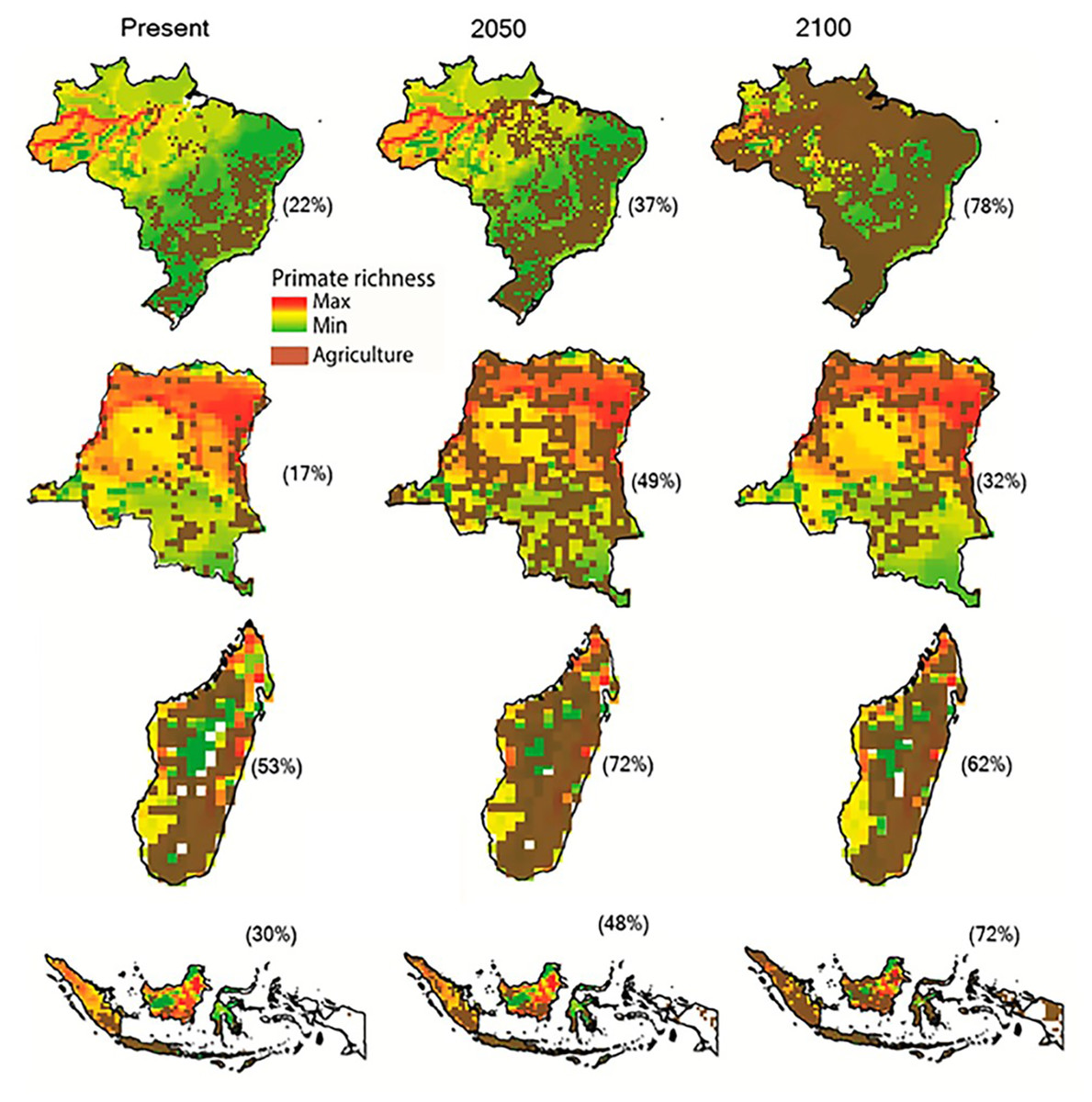 A expansão projetada de agricultura e pastagens no (A) Brasil, (B) Congo, (C) Madagascar, e (D) Indonésia. Fonte: doi.org/10.7717/peerj.4869/fig-3