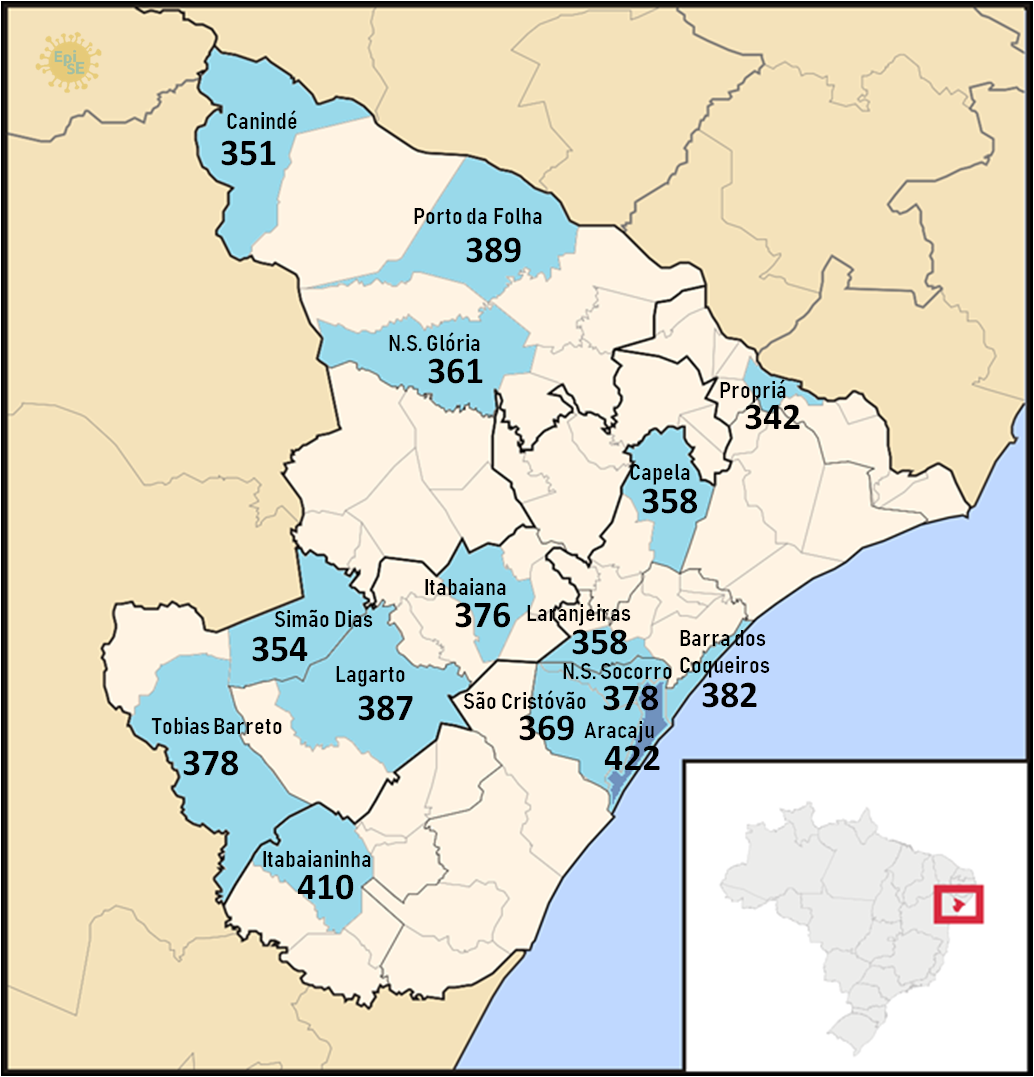 Número absoluto de testes realizados por município. Fonte: EpiSergipe