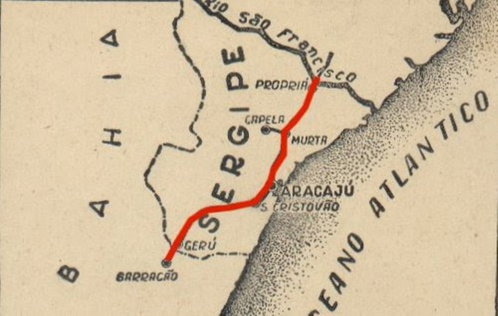 Mapa do percurso da linha ferroviária Timbó-Propriá. Foto: Reprodução/Estações Ferroviárias